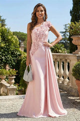 Graceful Pink One Shoulder Satin Prom Dresses Mermaid Column With Flower Zipper