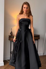 Elegant Black Strapless Sleeveless Satin Prom Dresses A-Line Ankle Length With Pleats