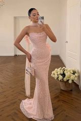 Timeless Pink Strapless Sleeveless Mermaid Prom Dresses Sheath With Beads Pleats