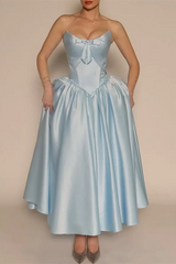 Graceful Sky Blue Strapless Sleeveless Satin Prom Dresses Ankle Length Pocket With Lace-Up Back