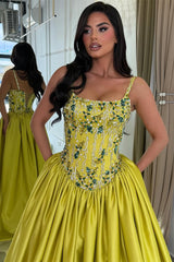Charming Spaghetti-Straps Sleeveless Satin Prom Dresses A-Line Gem With Lace-Up Back