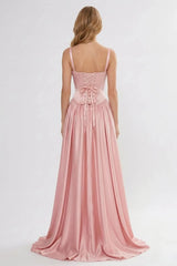 Timeless Dusty Rose Spaghetti-Straps Sweetheart Sleeveless Satin Prom Dresses Floor Length With Lace-Up Back