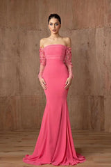 Charming Off The Shoulder Long Sleeves Mermaid Satin Floor Length Prom Dresses