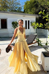 Dazzling Yellow V-Neck Halter Sleeveless Prom Dresses Backless With High Split