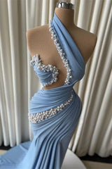 Charming Dusty Blue Asymmetrical Sleeveless Mermaid Satin Prom Dresses Pearls With Pleats