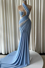 Charming Dusty Blue Asymmetrical Sleeveless Mermaid Satin Prom Dresses Pearls With Pleats