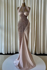 Dazzling Halter Sleeveless Sweetheart Satin Mermaid Prom Dresses Floor Length With Beads