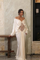 Graceful Off The Shoulder Long Sleeves Satin Lace Prom Dresses Floor Length With Pleats