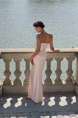 Timeless Pink Strapless Sleeveless Satin Mermaid Prom Dresses Floor Length With Lace-Up Back