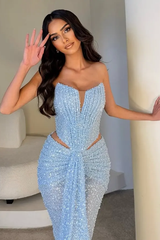 Charming Sky Blue Strapless Sleeveless Mermaid Prom Dresses Column With Pleats