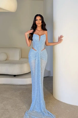 Charming Sky Blue Strapless Sleeveless Mermaid Prom Dresses Column With Pleats