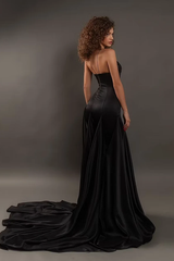 Timeless Black Spaghetti-Straps Sleeveless Mermaid Satin Prom Dresses Beads With Zipper