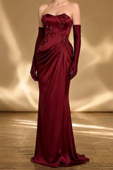 Romantic Dark Red Strapless Mermaid Satin Prom Dresses Floor Length Beads With Zipper Gloves