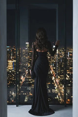 Elegant Black Long Sleeves Satin Lace Mermaid Prom Dresses Sheath With Pleats