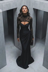 Elegant Black Long Sleeves Satin Lace Mermaid Prom Dresses Sheath With Pleats