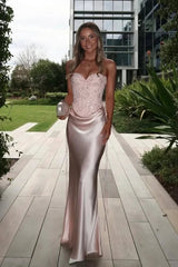 Graceful Dusty Pink Sweetheart Strapless Sleeveless Satin Prom Dresses Column With Lace-Up Back