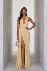Chic Daffodil Halter V-Neck Sleeveless Mermaid Prom Dresses Backless High Split With Zipper