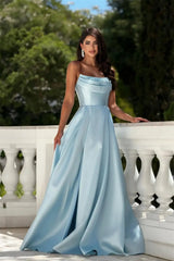 Glamorous Sky Blue Strapless Sleeveless Satin A-Line Prom Dresses Floor Length With Lace-Up Back