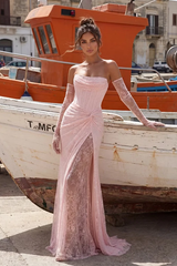 Glamorous Pink Strapless Sleeveless Lace Mermaid Prom Dresses Sheath With Lace-Up Back