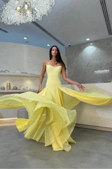 Charming Yellow Spaghetti-Straps Sleeveless Prom Dresses Floor Length With Pleats