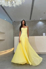 Charming Yellow Spaghetti-Straps Sleeveless Prom Dresses Floor Length With Pleats