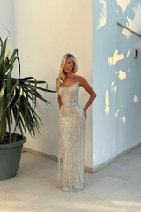 Dazzling Silver Strapless Sleeveless Mermaid Prom Dresses Floor Length With Tassel