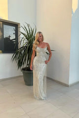 Dazzling Silver Strapless Sleeveless Mermaid Prom Dresses Floor Length With Tassel
