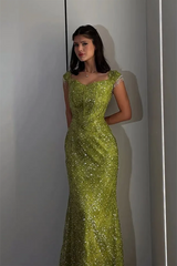 Chic Green Sweetheart Short Sleeves Mermaid Prom Dresses Floor Length With Lace-Up Back