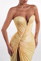 Elegant Sweetheart Strapless Sleeveless Mermaid Prom Dresses High Split With Pleats Zipper