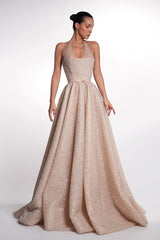 Dazzling Halter Sleeveless A-Line Prom Dresses Floor Length Beads With Lace-Up Back