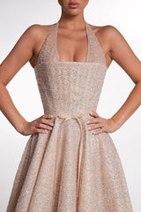 Dazzling Halter Sleeveless A-Line Prom Dresses Floor Length Beads With Lace-Up Back