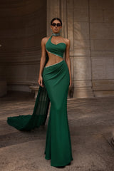 Luxurious Dark Green Sleeveless Satin Mermaid Prom Dresses Sheath Gem With Pleats