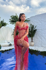 Chic Sweetheart Strapless Sleeveless Prom Dresses High Split Pearls With Lace-Up Back