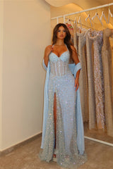 Dazzling Sky Blue Halter Sleeveless Sweetheart Mermaid Prom Dresses Sheath With High Split