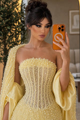 Luxurious Daffodil Strapless Sleeveless Mermaid Prom Dresses Pearls Column With Wrap