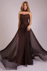 Glamorous Chocolate Strapless Sleeveless Chiffon Prom Dresses Floor Length With Zipper