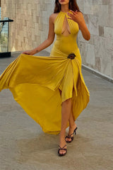 Chic Yellow Halter Sleeveless Satin Mermaid Prom Dresses High Split With Pleats