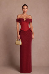Romantic Burgundy Off The Shoulder Mermaid Prom Dresses Floor Length With Pleats