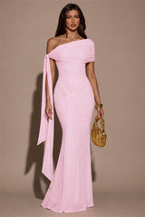 Elegant Pink Asymmetrical Mermaid Prom Dresses Floor Length With Pleats
