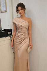 Romantic One Shoulder Sleeveless Satin Mermaid Prom Dresses Column With Pleats