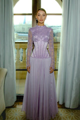 Charming Lilac Long Sleeves A-Line Prom Dresses Floor Length With Pleats