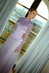 Charming Lilac Long Sleeves A-Line Prom Dresses Floor Length With Pleats
