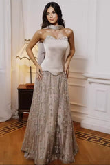 Luxurious Strapless Sleeveless A-Line Prom Dresses Floor Length Beads With Lace-Up Back