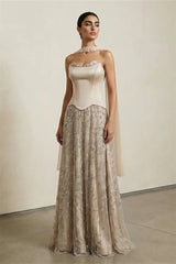 Luxurious Strapless Sleeveless A-Line Prom Dresses Floor Length Beads With Lace-Up Back