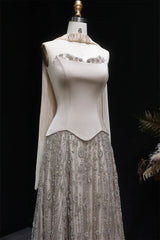 Luxurious Strapless Sleeveless A-Line Prom Dresses Floor Length Beads With Lace-Up Back