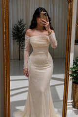 Graceful Champagne Long Sleeves Mermaid Prom Dresses Floor Length With Pleats