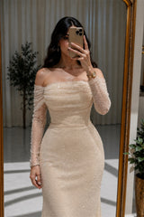 Graceful Champagne Long Sleeves Mermaid Prom Dresses Floor Length With Pleats