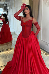 Luxurious Red Sweetheart Spaghetti-Straps Satin Prom Dresses A-Line With Pocket Lace-Up Back