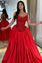 Luxurious Red Sweetheart Spaghetti-Straps Satin Prom Dresses A-Line With Pocket Lace-Up Back