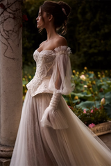 Elegant Sweetheart Long Sleeves Tulle Prom Dresses Beading With Lace-Up Back
